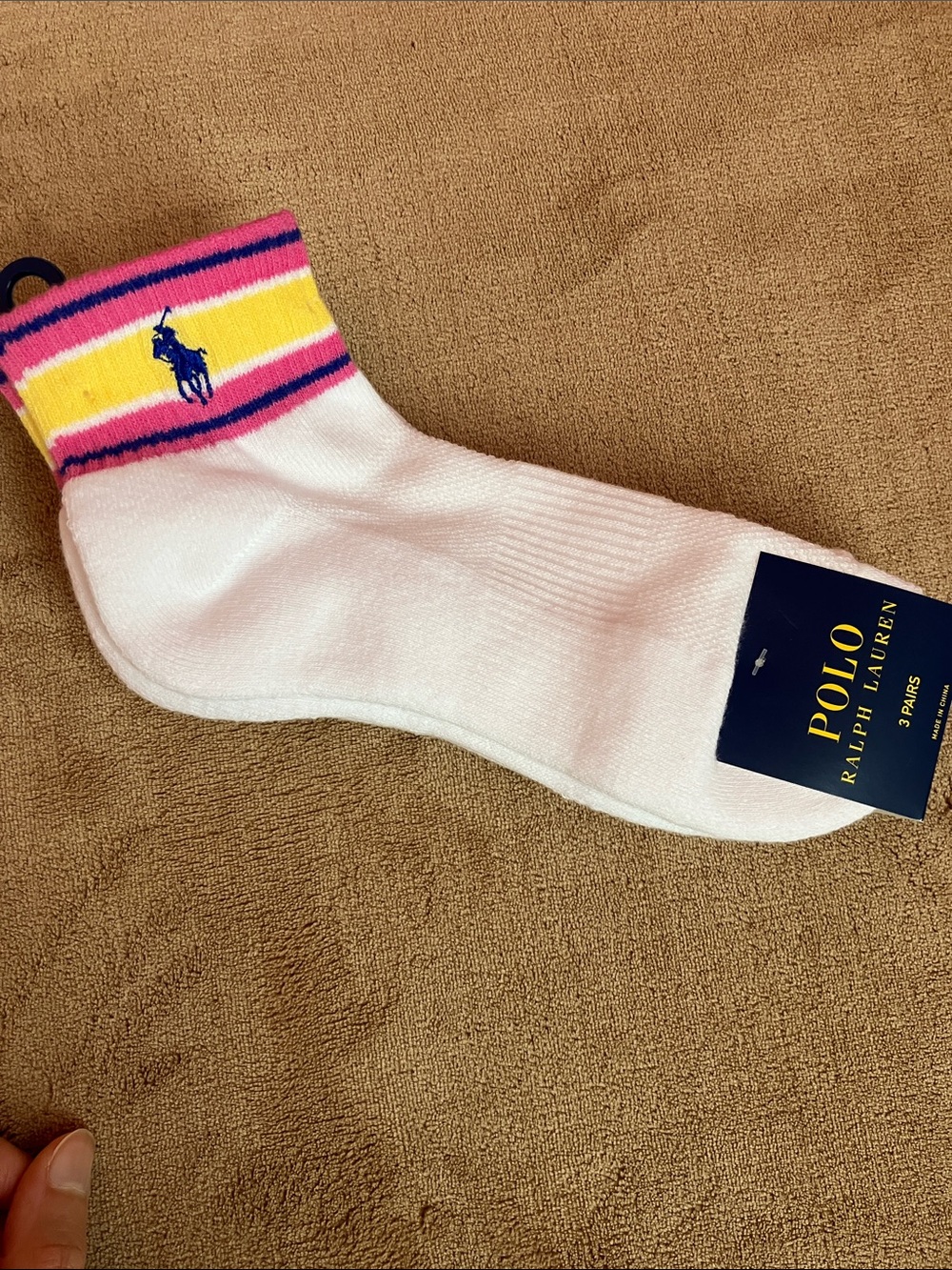Polo by Ralph Lauren White Ankle Socks with Pink, Yellow & Navy Accents